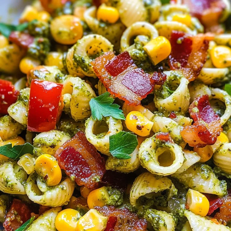 Corn Pasta Salad with Turkey Bacon and Creamy Pesto Dressing