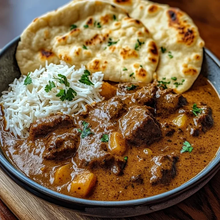 Slow-Cooked Beef Curry with Creamy Coconut Sauce & Garlic Naan