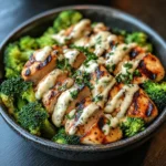Grilled Chicken & Broccoli Bowls with Creamy Garlic Sauce